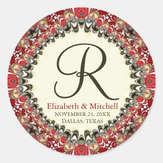 Sticker Rond Mariage de monogramme de dentelle rouge Batik (Devant)