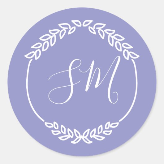 Sticker Rond Mariage de monogramme de feuille blanche violette (Devant)