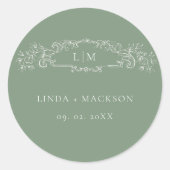 Sticker Rond Mariage de monogramme de la crête botanique verte  (Devant)