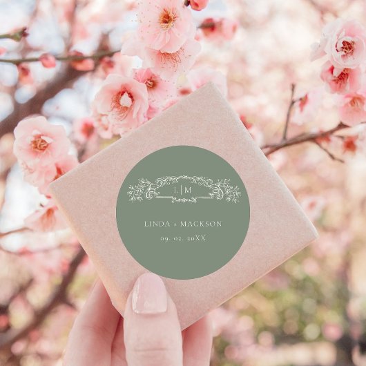 Sticker Rond Mariage de monogramme de la crête botanique verte 