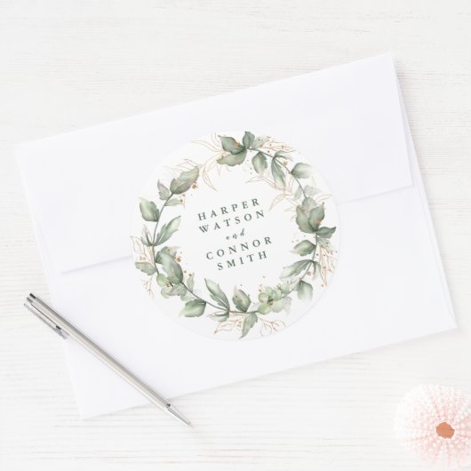 Sticker Rond Mariage de monogramme d'émeraude d'Eucalyptus bota (Enveloppe)