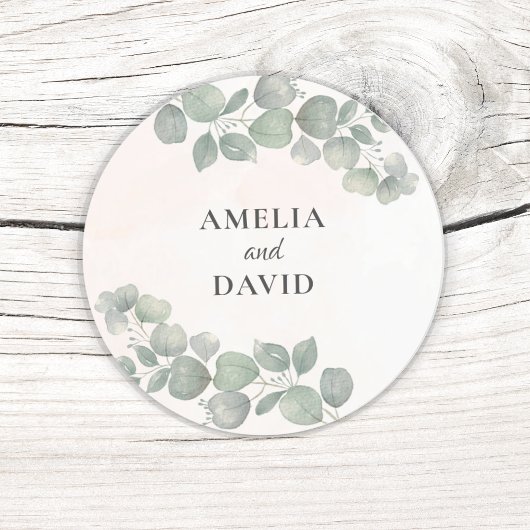 Sticker Rond Mariage de monogramme d'eucalyptus rustique