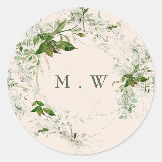 Sticker Rond Mariage de monogramme Elegant Eucalyptus Crème (Devant)
