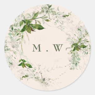Sticker Rond Mariage de monogramme Elegant Eucalyptus Crème
