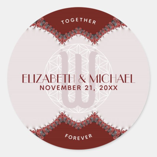 Sticker Rond Mariage de monogramme en dentelle rouge et blanche (Devant)