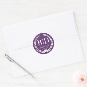 Sticker Rond Mariage de monogramme et de mariée de prune profon