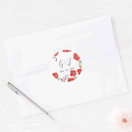 Sticker Rond Mariage de monogramme Fleurs Red Poppies (Enveloppe)