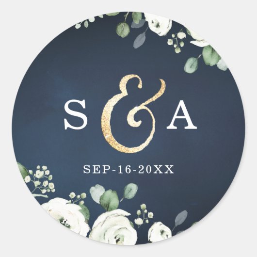 Sticker Rond Mariage de monogramme floral blanc marine (Devant)