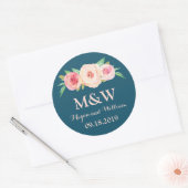 Sticker Rond Mariage de monogramme floral bleu bleu marine rose (Enveloppe)