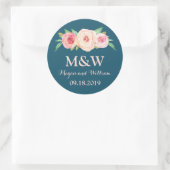 Sticker Rond Mariage de monogramme floral bleu bleu marine rose (Sac)