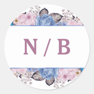 Sticker Rond Mariage de Monogramme Floral Bleu et rose parisien