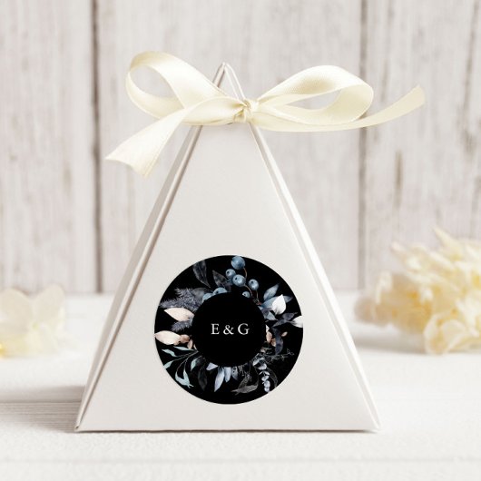 Sticker Rond Mariage de monogramme Floral d'hiver bleu gelé