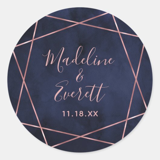 Sticker Rond Mariage de monogramme géométrique bleu et Rose ble (Devant)