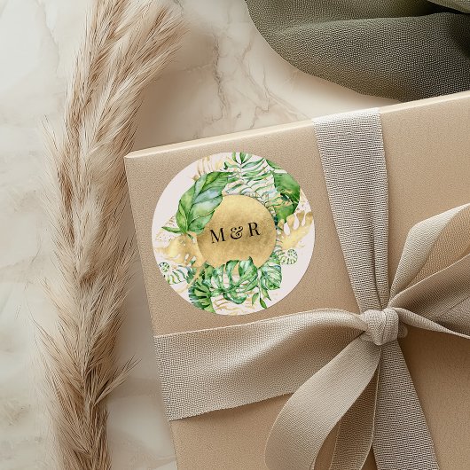 Sticker Rond Mariage de monogramme Golden Tropical Foliage