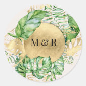 Sticker Rond Mariage de monogramme Golden Tropical Foliage (Devant)