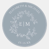 Sticker Rond Mariage de monogramme moderne Dusty Blue Leafy Cre (Devant)