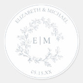 Sticker Rond Mariage de monogramme moderne Dusty Blue Leafy Cre (Devant)