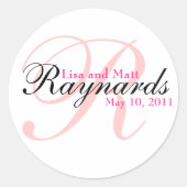 Sticker Rond Mariage de monogramme noir rose (Devant)