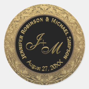 Sticker Rond Mariage de monogramme personnalisable Or et noir