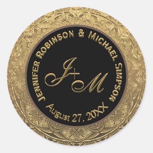 Sticker Rond Mariage de monogramme personnalisable Or et noir (Devant)