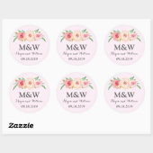 Sticker Rond Mariage de monogramme rose pâle (Feuille)