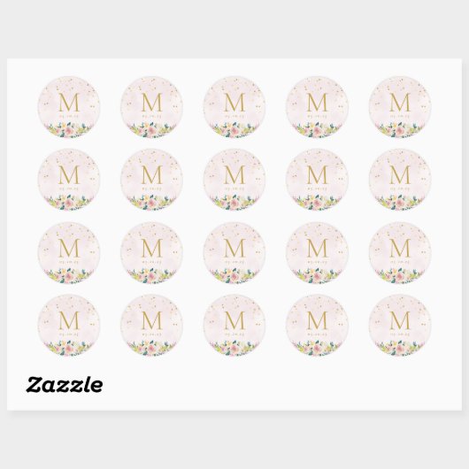 Sticker Rond Mariage de monogramme rose pâle (Feuille)