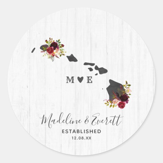 Sticker Rond Mariage de monogramme rustique Hawaii State Destin (Devant)