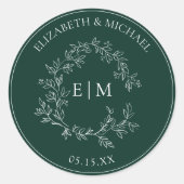 Sticker Rond Mariage de monogramme vert émeraude moderne (Devant)