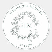 Sticker Rond Mariage de monogramme vert émeraude moderne (Devant)