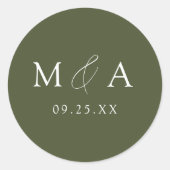Sticker Rond Mariage de Monogramme vert olive élégant moderne (Devant)
