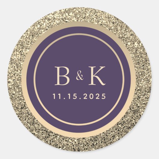 Sticker Rond Mariage de monogramme violet et or (Devant)