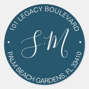 Sticker Rond Mariage de monographie bleu marine Adresse de reto