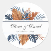 Sticker Rond Mariage de Monstera Bleu Rustique de minuit (Devant)