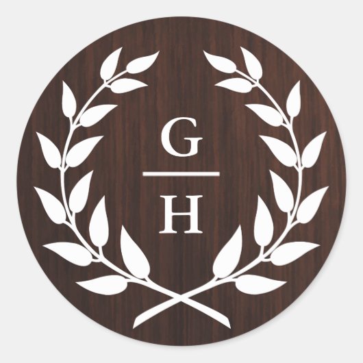 Sticker Rond Mariage de Motif de bois rustique Monogram Laurel  (Devant)