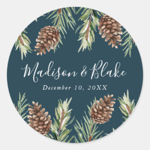 Sticker Rond Mariage de Noël Cône de Pin Aquarelle Bleu Marine