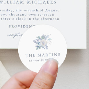 Sticker Rond Mariage de nom personnalisé Chic Blue Floral