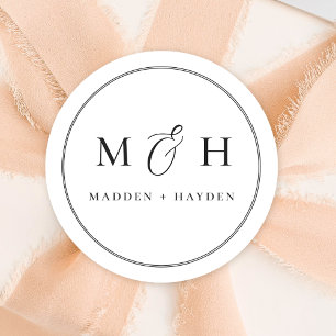 Sticker Rond Mariage de noms de monogramme noir blanc classique