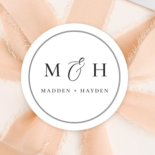 Sticker Rond Mariage de noms de monogramme noir blanc classique