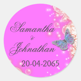 Sticker Rond Mariage de papillon bleu violet rose