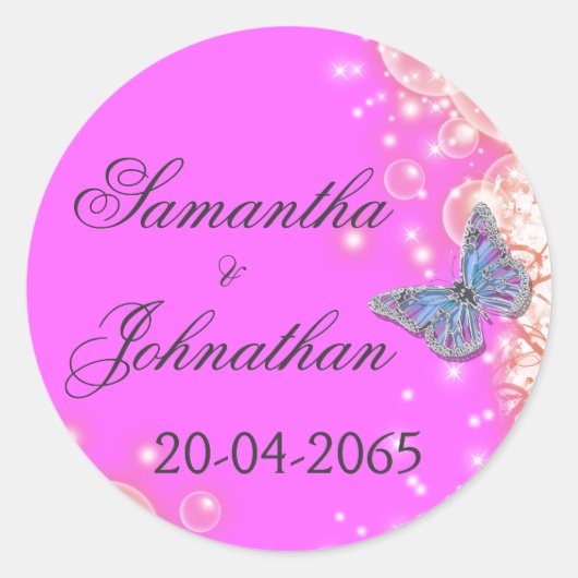 Sticker Rond Mariage de papillon bleu violet rose (Devant)
