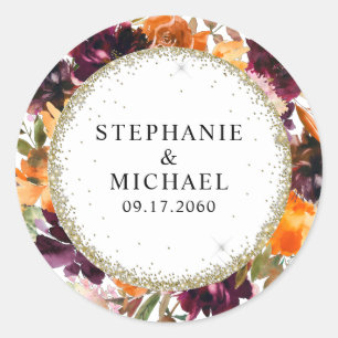 Sticker Rond Mariage de Parties scintillant d'or floral d'autom