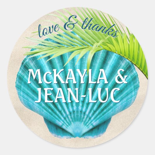 Sticker Rond Mariage de plage Favoriser l'amour et merci Shell  (Devant)