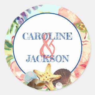 Sticker Rond Mariage de plage Poisson rose Floral Starfish Pear