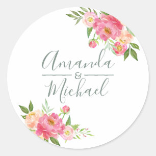 Sticker Rond Mariage de printemps fleurs de Paeonia aquarelle