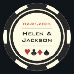 Sticker Rond Mariage de puces de poker noir et blanc<br><div class="desc">Se marier à Las Vegas ou dans une autre ville de casino amusante ? Ces autocollants brillants blancs et noirs ajouteraient parfaitement à un ballotin, une enveloppe, un buffet de bonbons et plus encore. Personnalisez votre design avec vos noms en noir dans le centre, et une date mariage, merci, etc....</div>