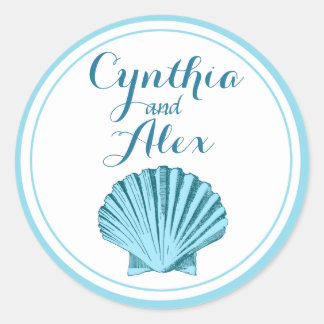 Sticker Rond Mariage de Scallop Seashell Beach | bleu menthe