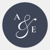 Sticker Rond Mariage de script de monogramme bleu marine (Devant)