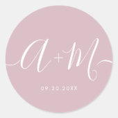 Sticker Rond Mariage de script Monogramme rose pâle minimal (Devant)