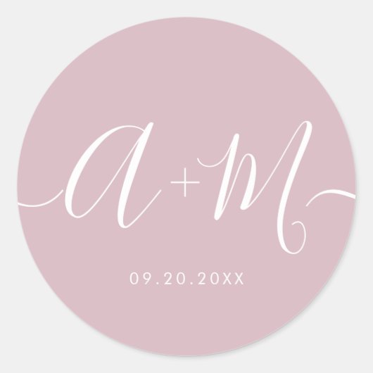 Sticker Rond Mariage de script Monogramme rose pâle minimal (Devant)