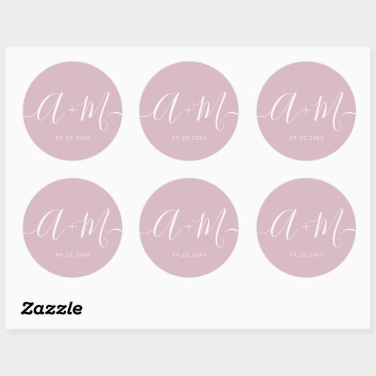 Sticker Rond Mariage de script Monogramme rose pâle minimal (Feuille)